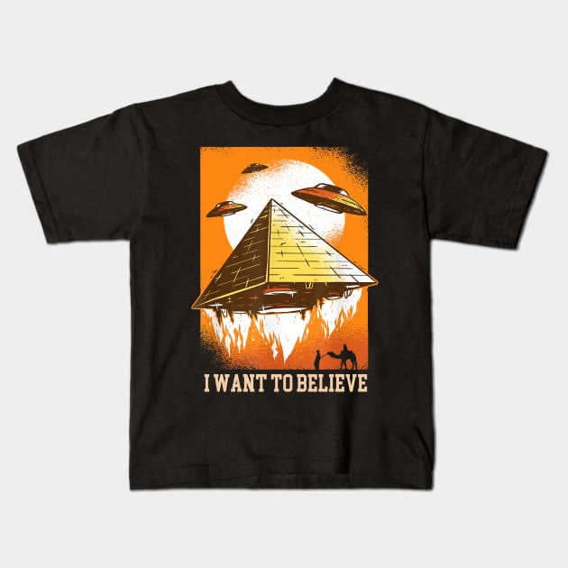 Flying UFO Pyramid I Want To Believe UFO Day Kids T-Shirt by Madridek Deleosw